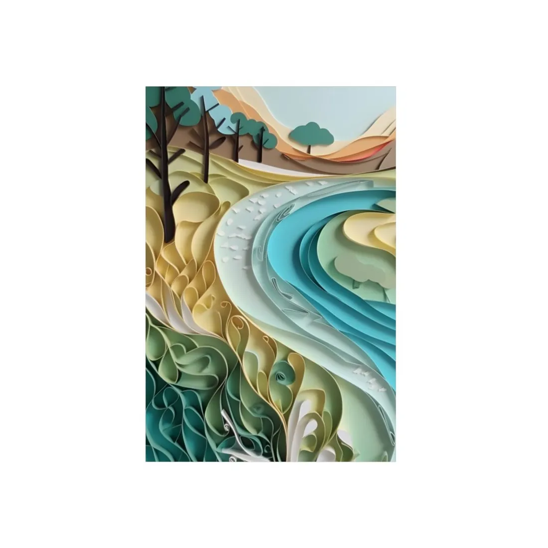 Layered paper-cut landscape with turquoise river curving through green and yellow hills – Metal Poster, view 1