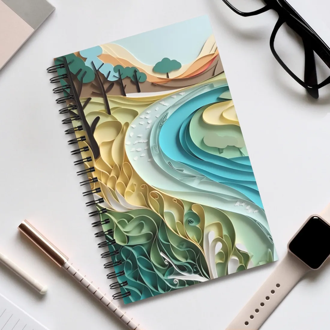 Paper Quilled Beach Bliss: Natural Colors Landscape Art - Spiral Notebook