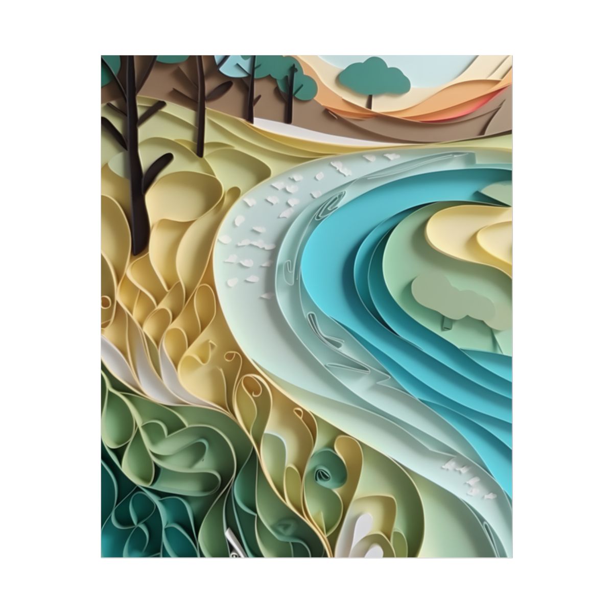 Paper Quilled Beach Bliss: Natural Colors Landscape Art - Poster