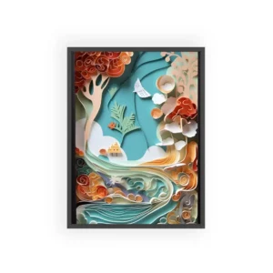 Quilled Surreal Hand Landscape: Paper Art Village Scene Framed Poster