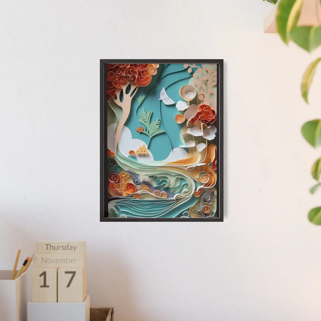 Paper Quilled Beach Sunset: Calming Beach Landscape - Framed Poster