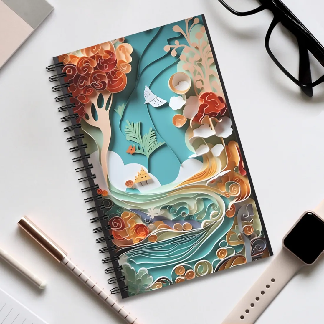 Paper Quilled Beach Sunset: Calming Beach Landscape - Spiral Notebook