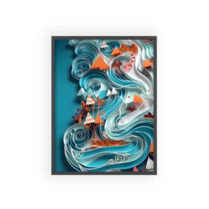 Quilled Ocean Wave Swirl: Abstract Blue Paper Art Framed Poster