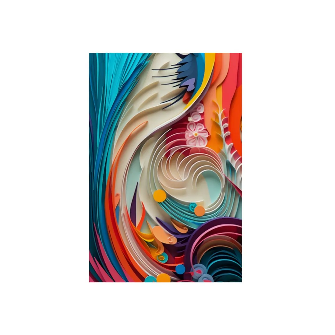 Layered paper-cut swirls in turquoise, orange and cream, with pale flowers – Metal Poster, view 1