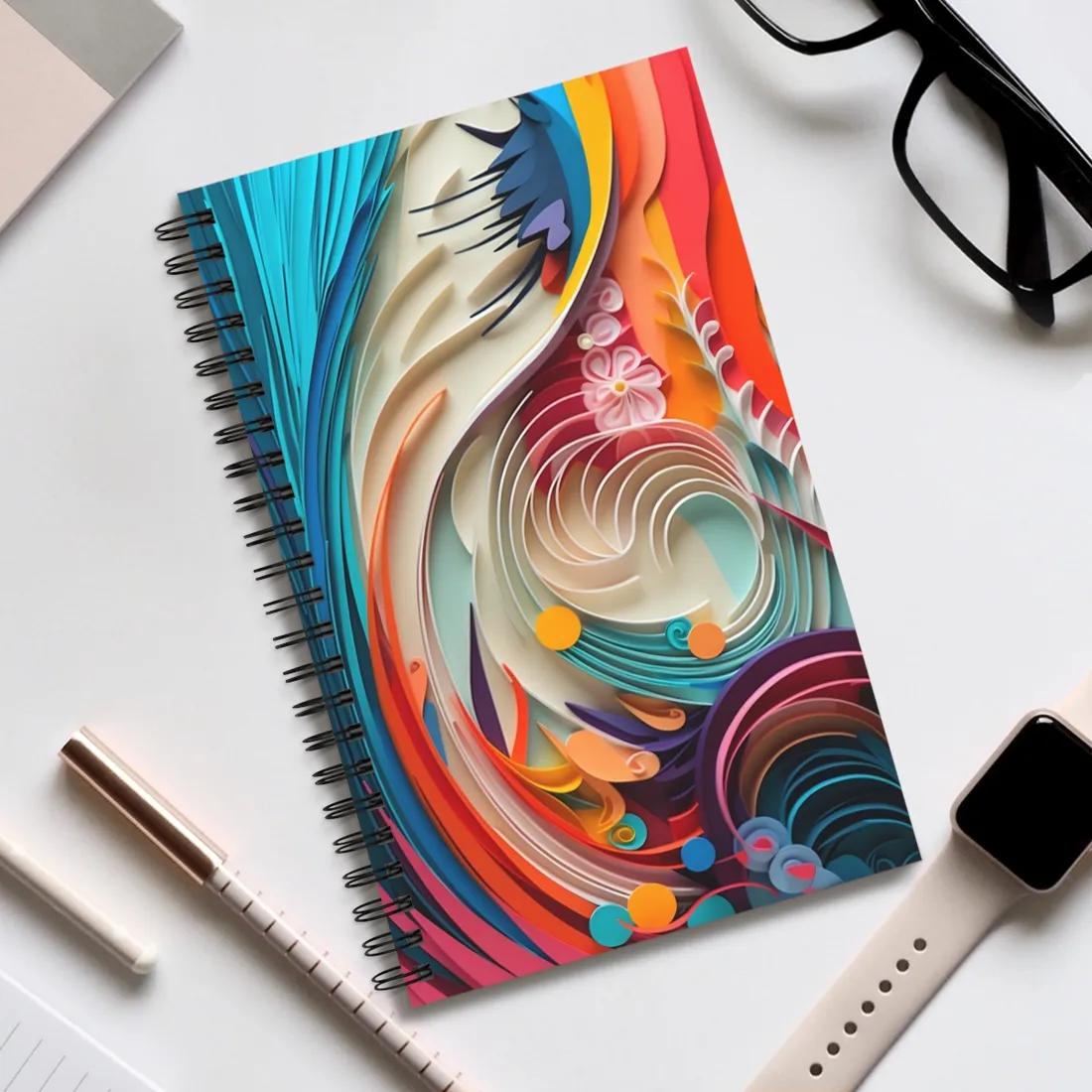 Paper Quilled Canyon Oasis: Watercolor-Inspired Landscape Art - Spiral Notebook