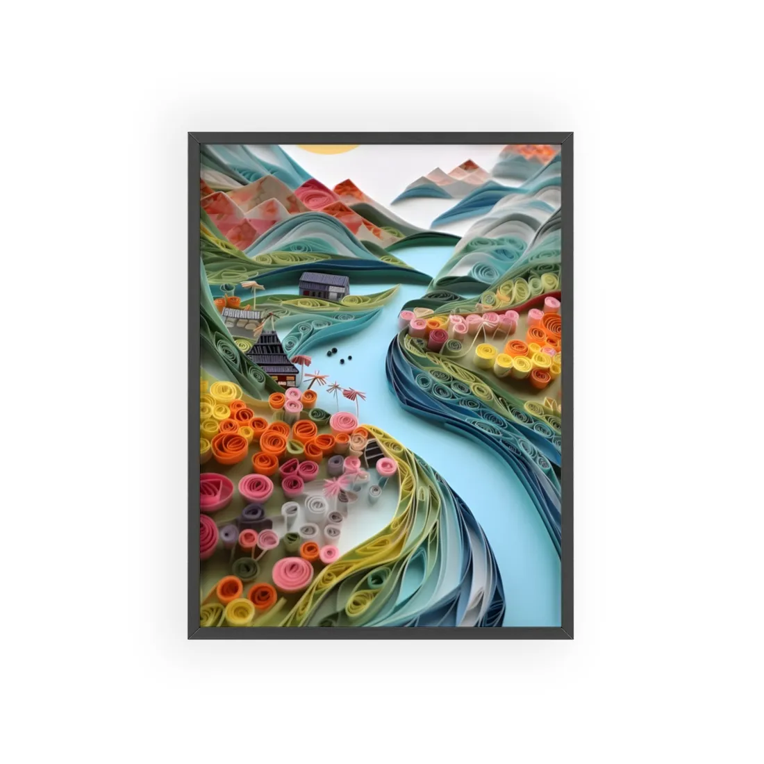 Paper Quilled Island Landscape: Handmade Artwork Photo - Framed Poster