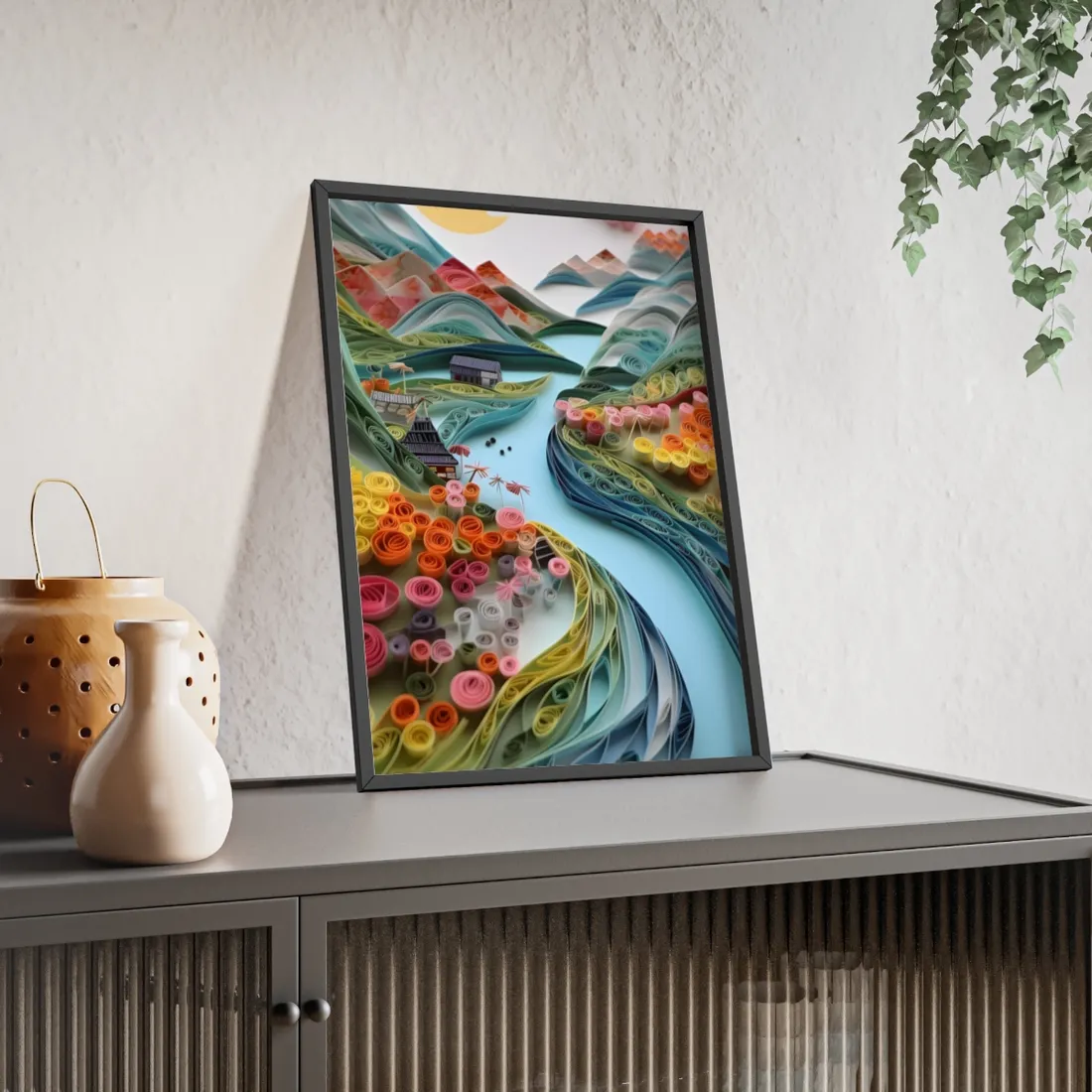 Paper Quilled Island Landscape: Handmade Artwork Photo - Framed Poster