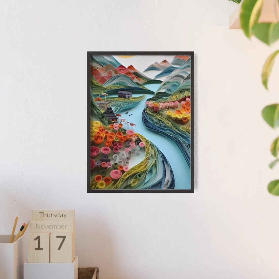 Paper Quilled Island Landscape: Handmade Artwork Photo - Framed Poster