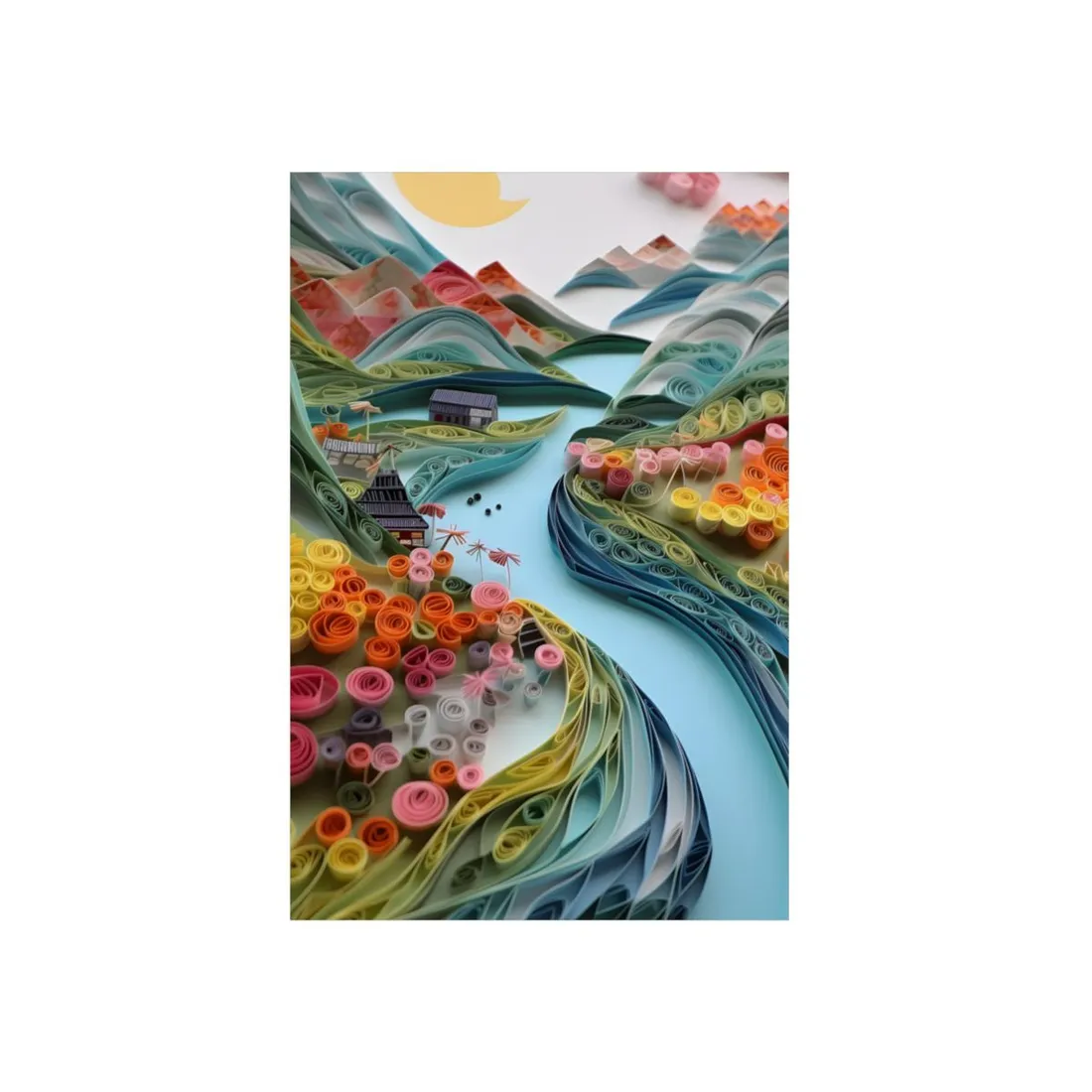 Paper quilling art: winding blue river, colorful rolled-paper hills, small village, yellow crescent – Metal Poster, view 1