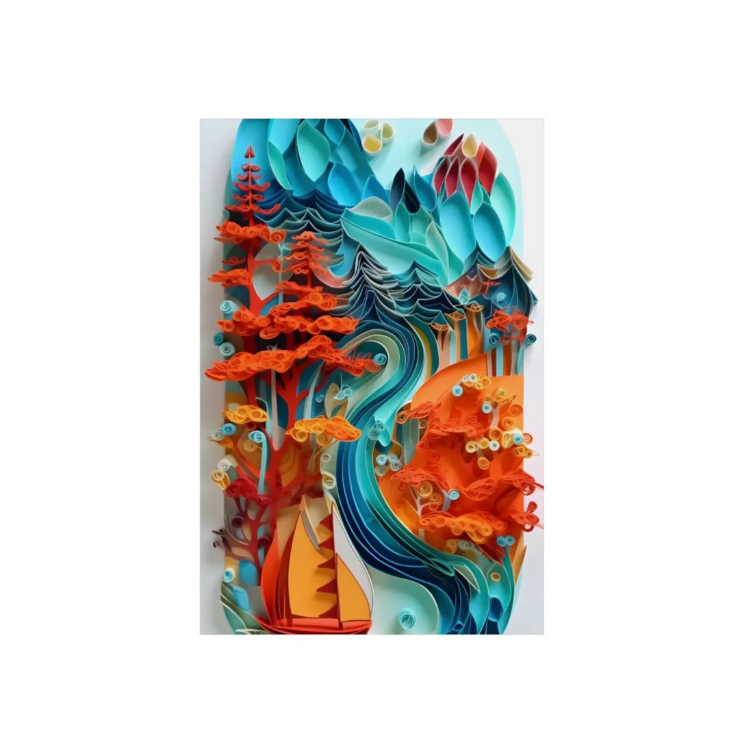 Layered paper-quilled landscape with orange trees, teal waves and a red sailboat – Metal Poster, view 1