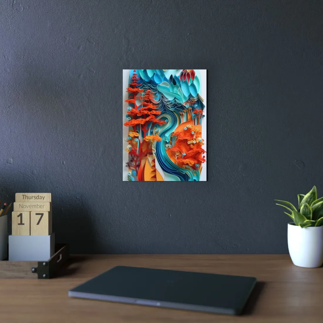 Layered paper-quilled landscape with orange trees, teal waves and a red sailboat – Metal Poster, view 2