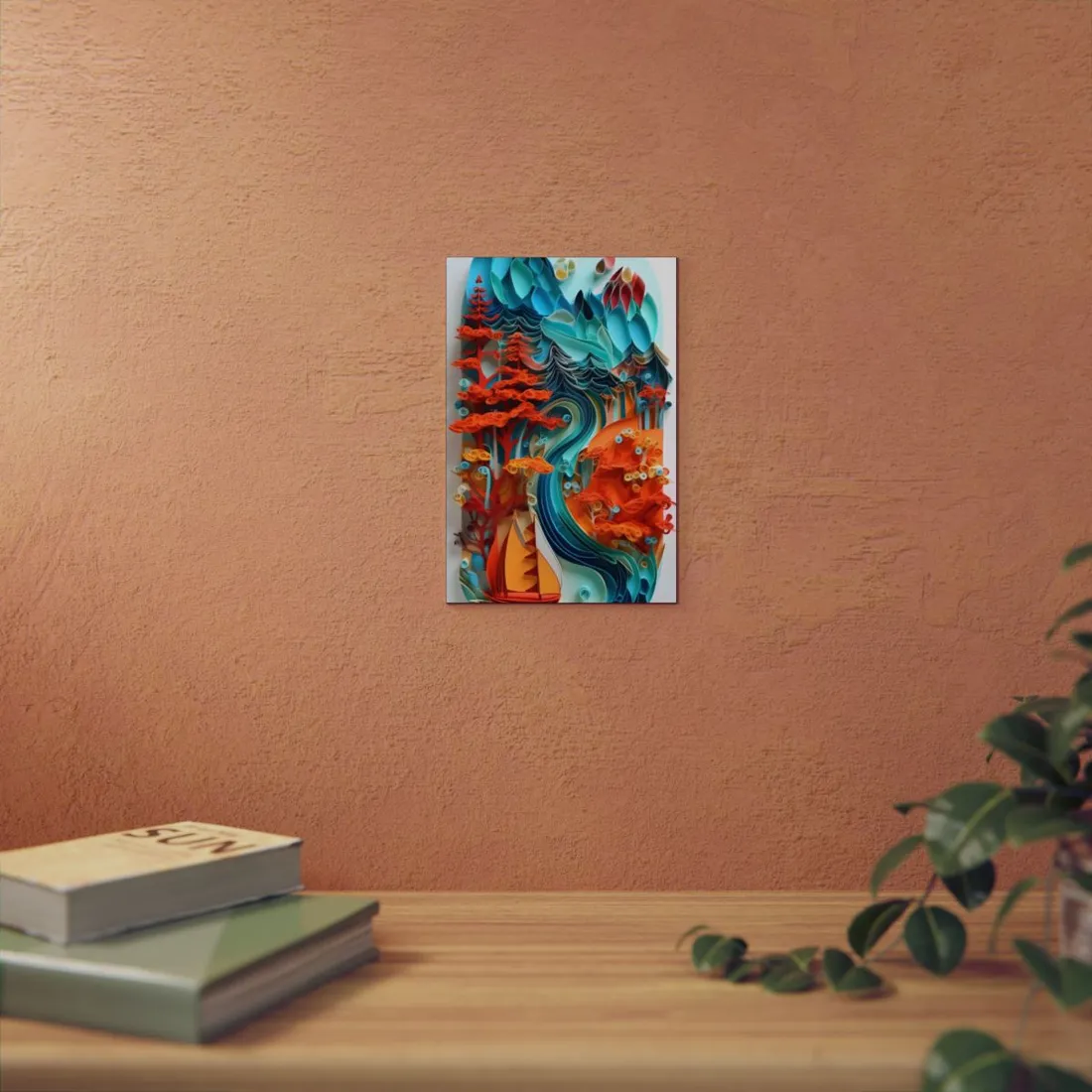 Layered paper-quilled landscape with orange trees, teal waves and a red sailboat – Metal Poster, view 3