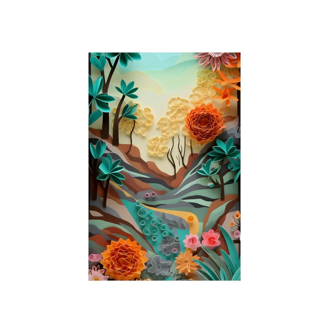Paper-cut landscape with teal trees, orange and pink flowers, winding turquoise stream – Metal Poster, view 1