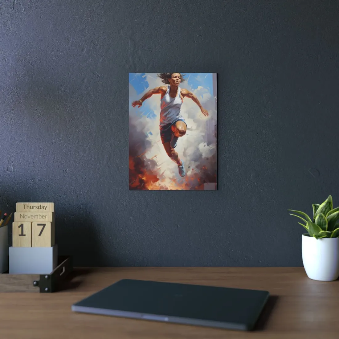 Painted athlete leaping through smoke and fire beneath a blue sky – Metal Poster, view 2