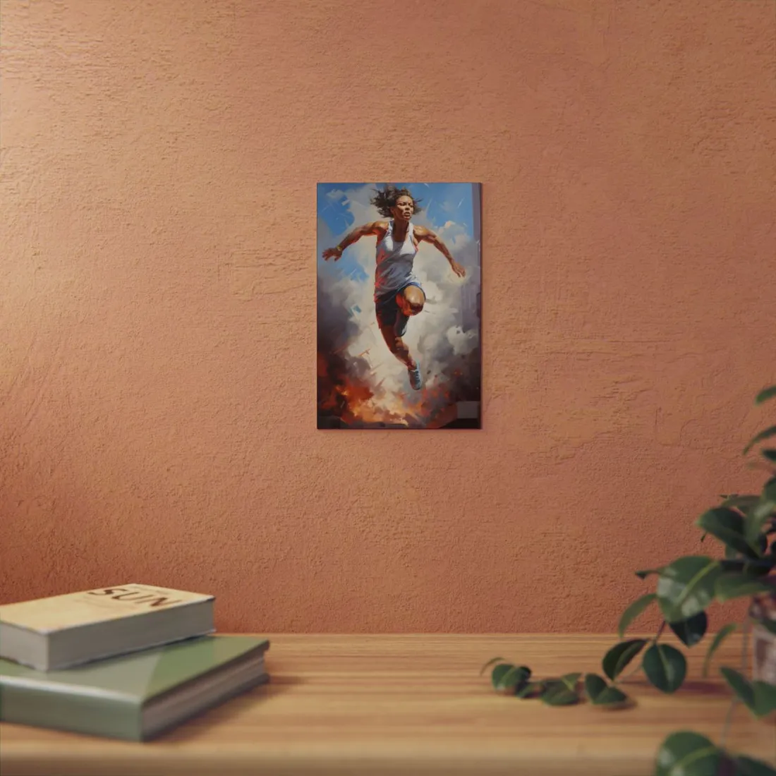 Painted athlete leaping through smoke and fire beneath a blue sky – Metal Poster, view 3