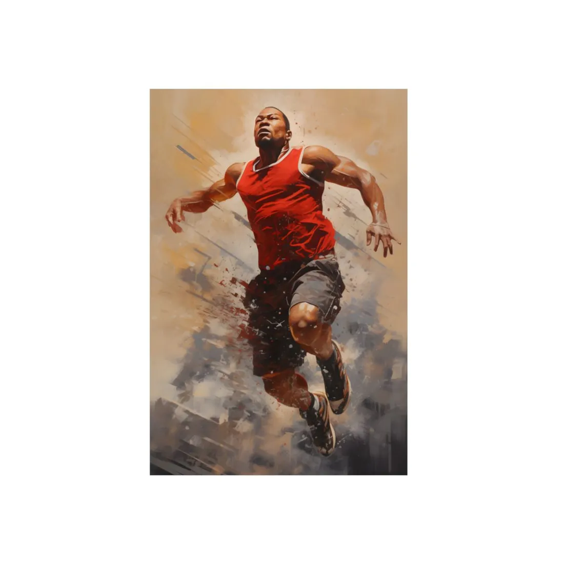 Painted athlete in red tank top sprinting across a warm beige, splattered background – Metal Poster, view 1