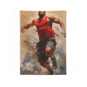 Sprinting Athlete in Red Wall Tapestry