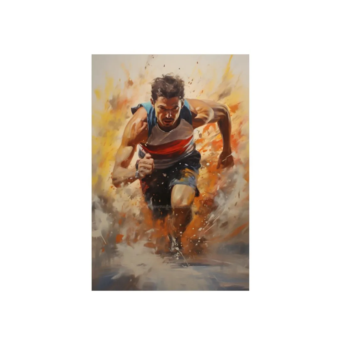 Painted male sprinter charging forward through bursts of yellow and orange paint splashes – Metal Poster, view 1