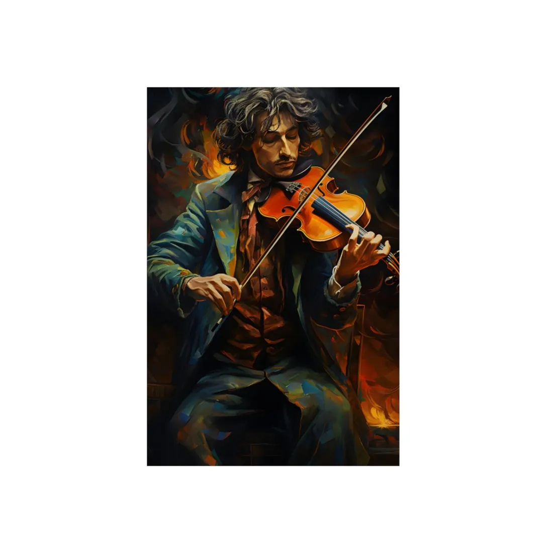 Painted man with closed eyes plays violin against dark swirling background and warm glow – Metal Poster, view 1