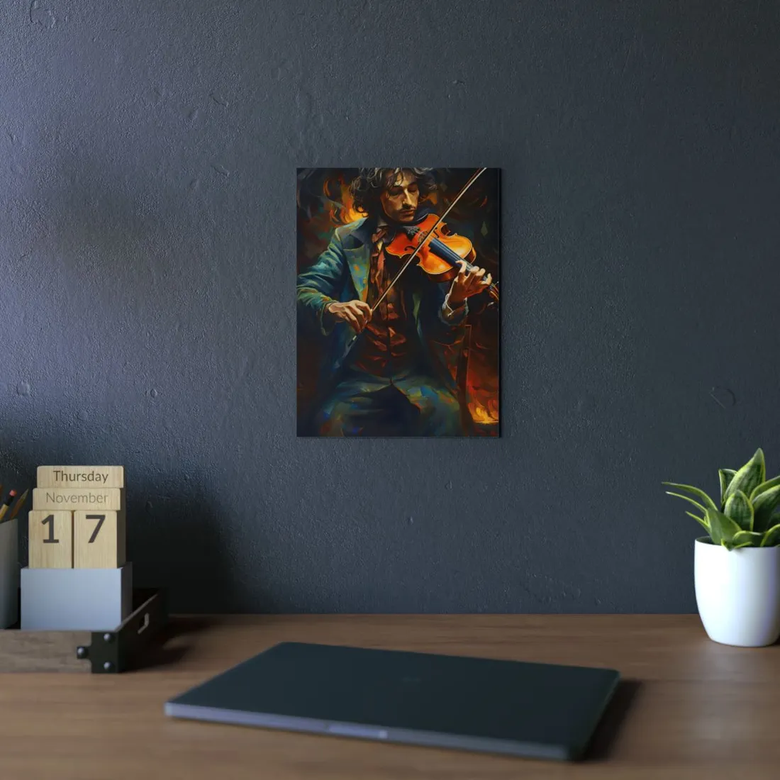 Painted man with closed eyes plays violin against dark swirling background and warm glow – Metal Poster, view 2