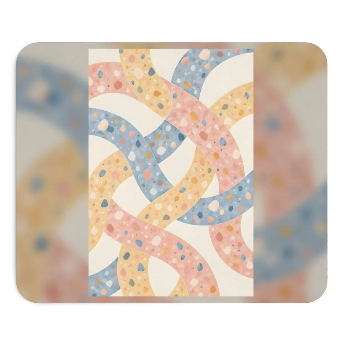Interlaced pink, yellow and blue curved ribbons with speckled terrazzo dots on cream – Mouse Pad, view 1