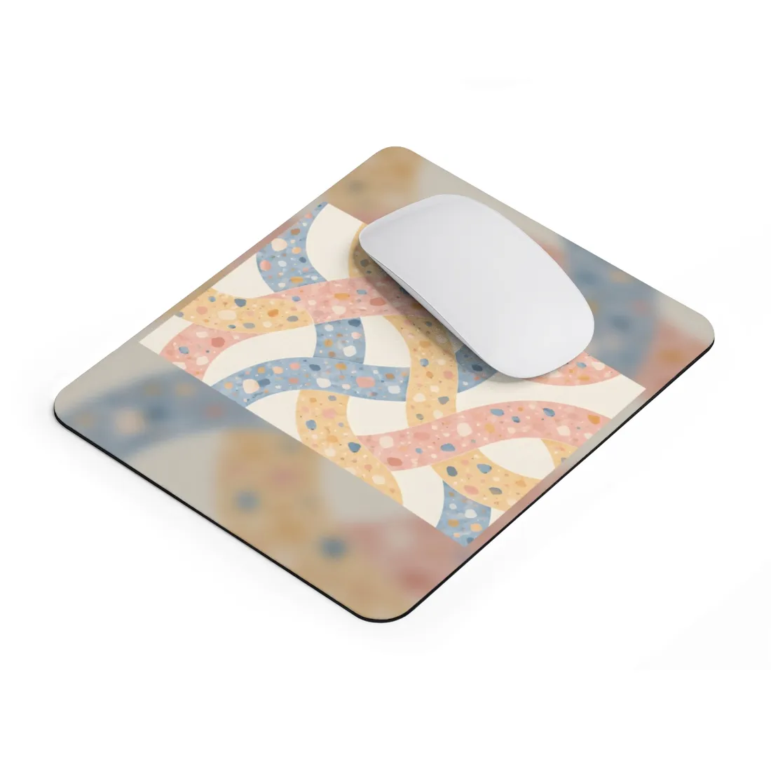Interlaced pink, yellow and blue curved ribbons with speckled terrazzo dots on cream – Mouse Pad, view 2