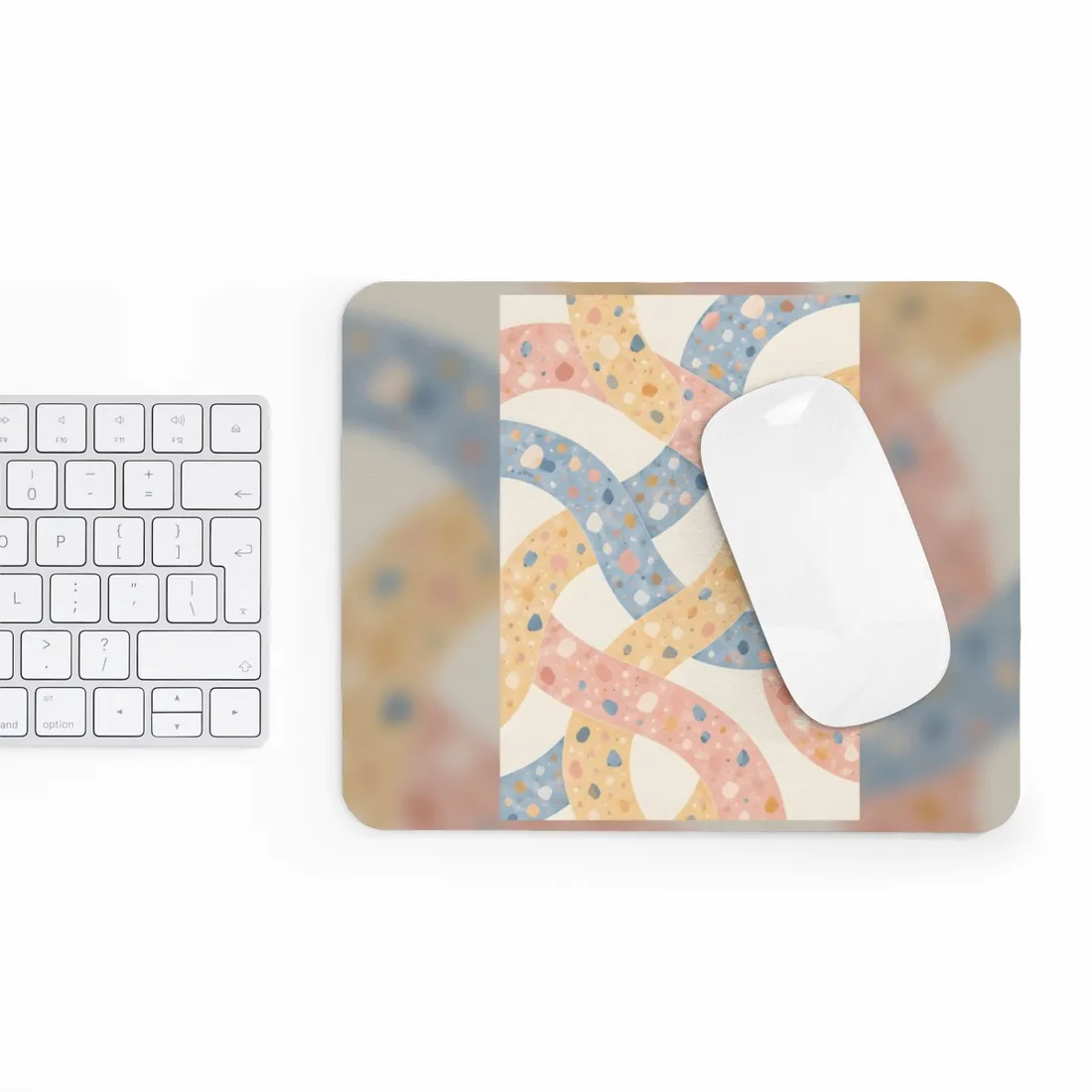 Interlaced pink, yellow and blue curved ribbons with speckled terrazzo dots on cream – Mouse Pad, view 3