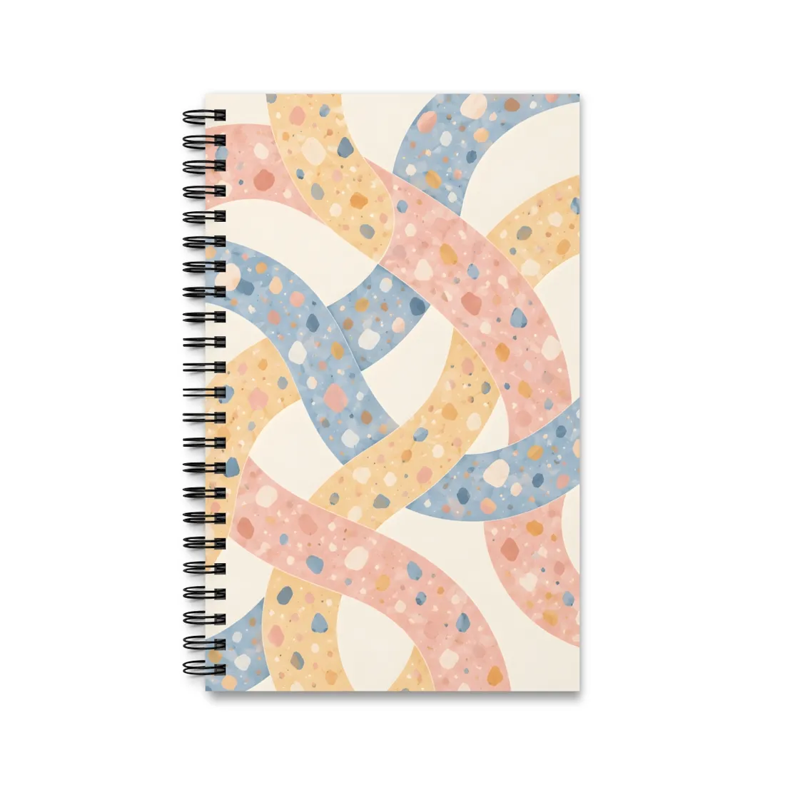 Interlaced pink, yellow and blue curved ribbons with speckled terrazzo dots on cream – Spiral Notebook, view 1