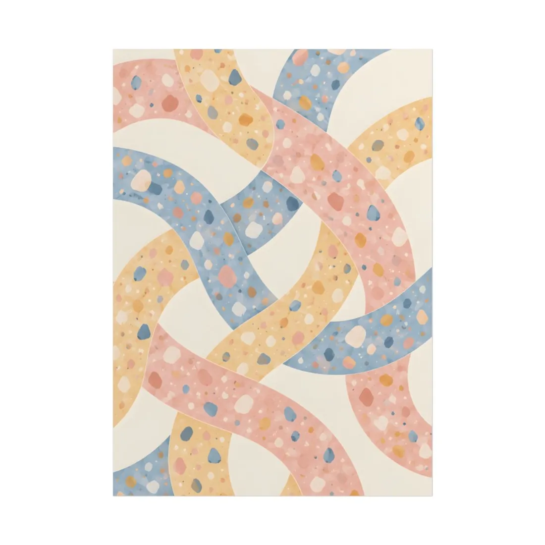 Interlaced pink, yellow and blue curved ribbons with speckled terrazzo dots on cream – Poster, view 1