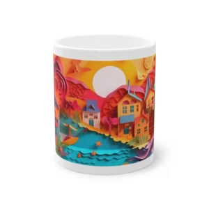 Riverside Village Landscape: Paper Quilling Art Mug