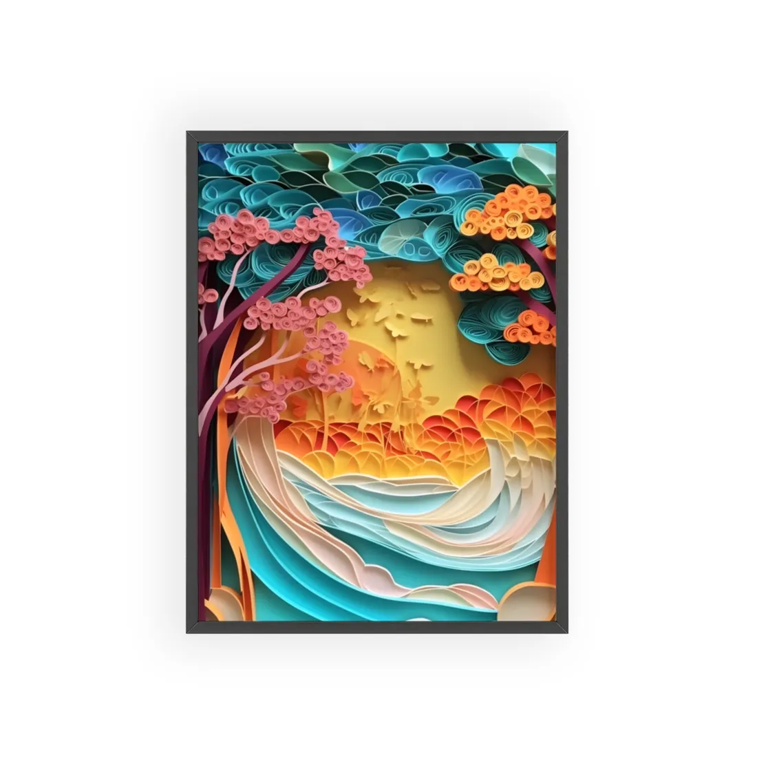 Peaceful Beach Landscape with Paper Quilling: Artistic Photography - Framed Poster