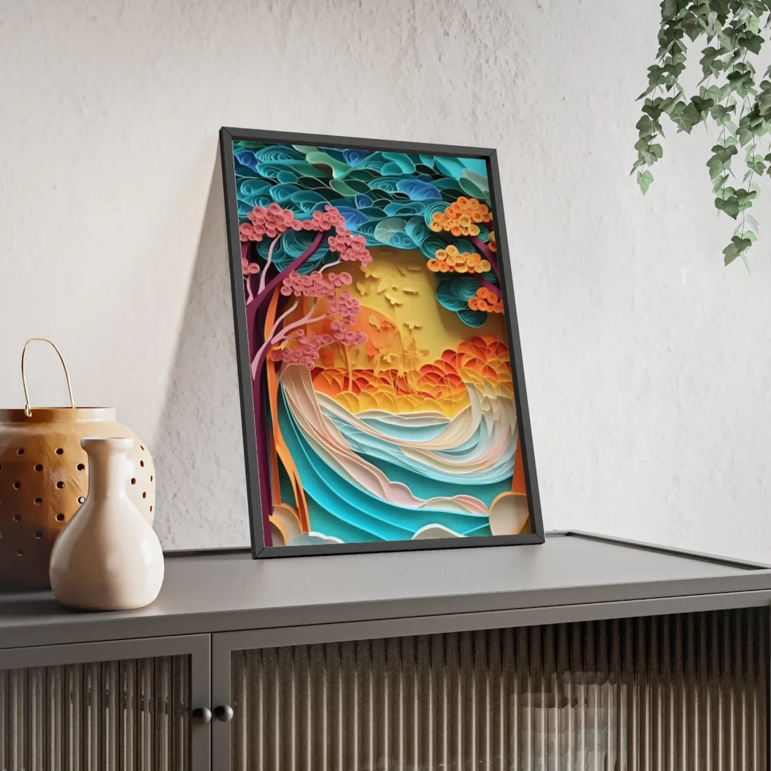 Peaceful Beach Landscape with Paper Quilling: Artistic Photography - Framed Poster