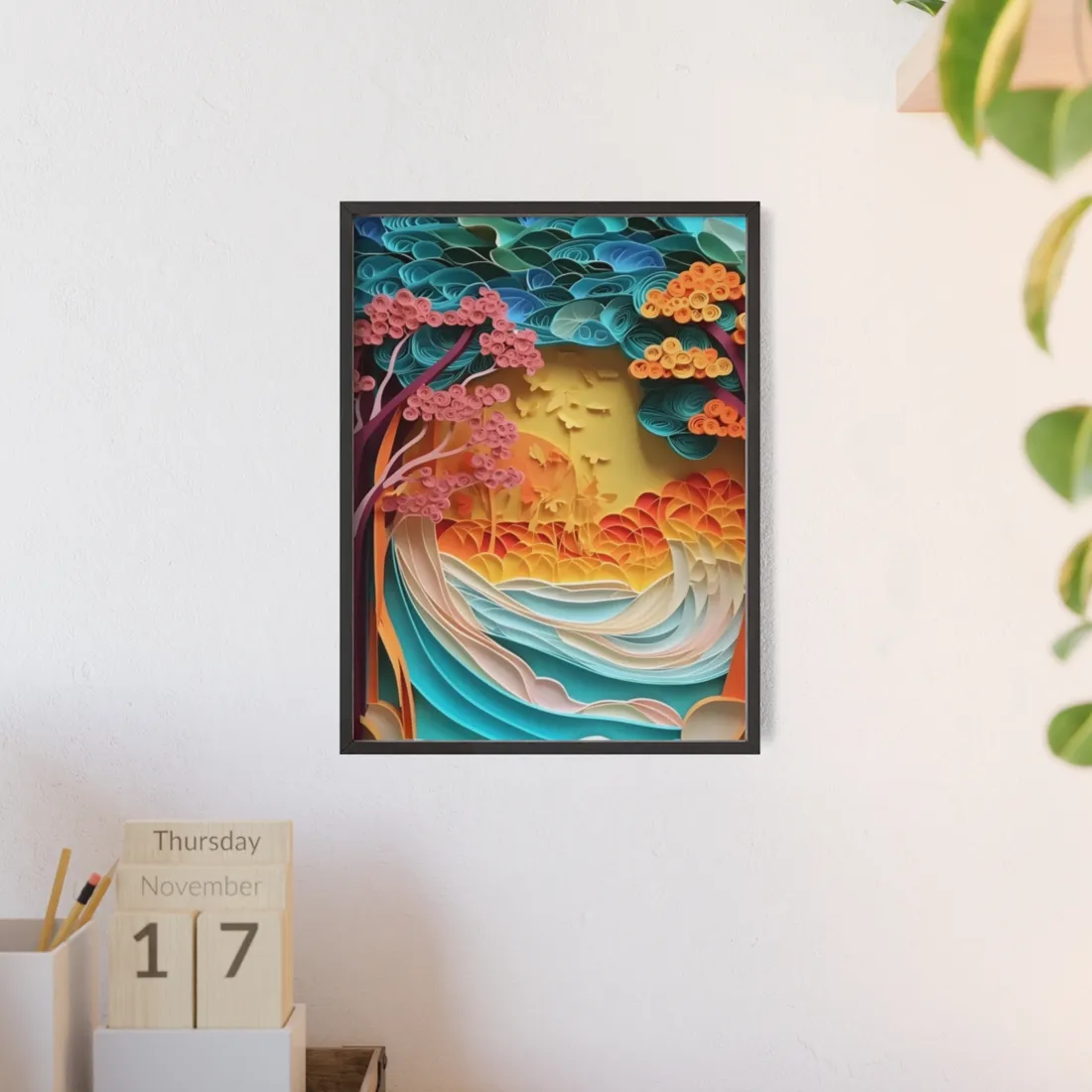Peaceful Beach Landscape with Paper Quilling: Artistic Photography - Framed Poster