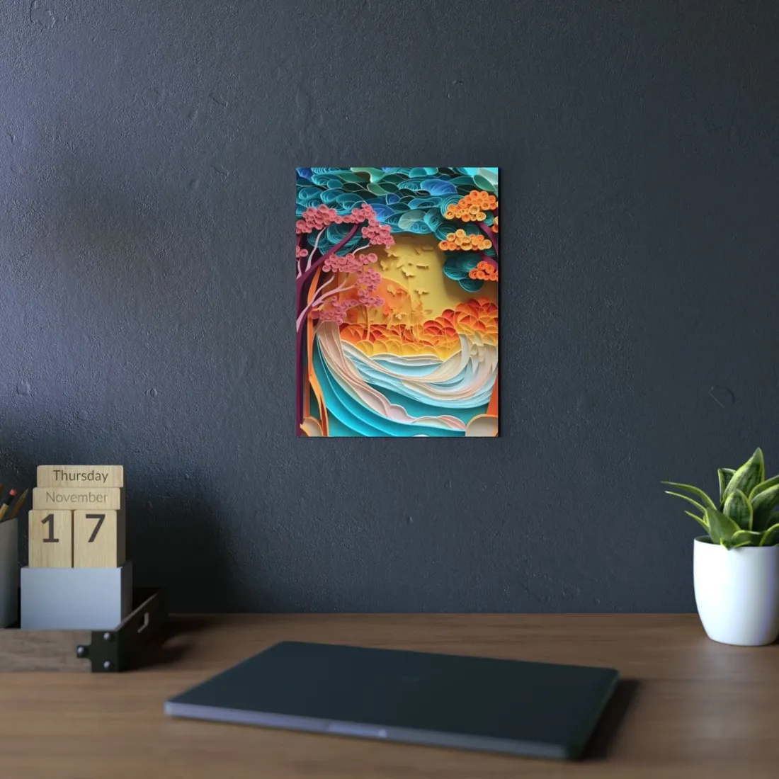 Peaceful Beach Landscape with Paper Quilling: Artistic Photography - Metal Poster