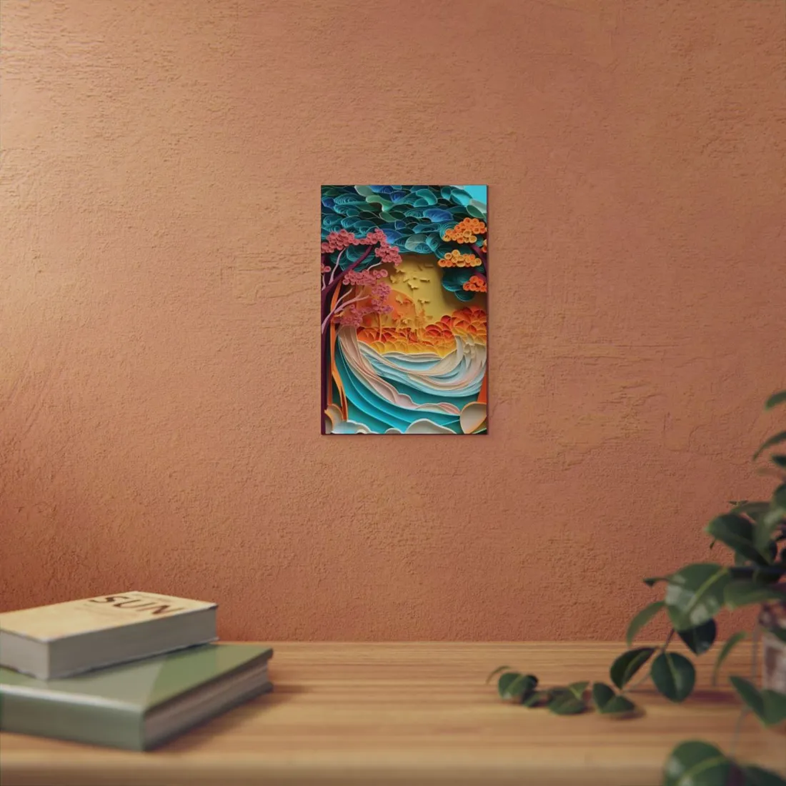 Peaceful Beach Landscape with Paper Quilling: Artistic Photography - Metal Poster