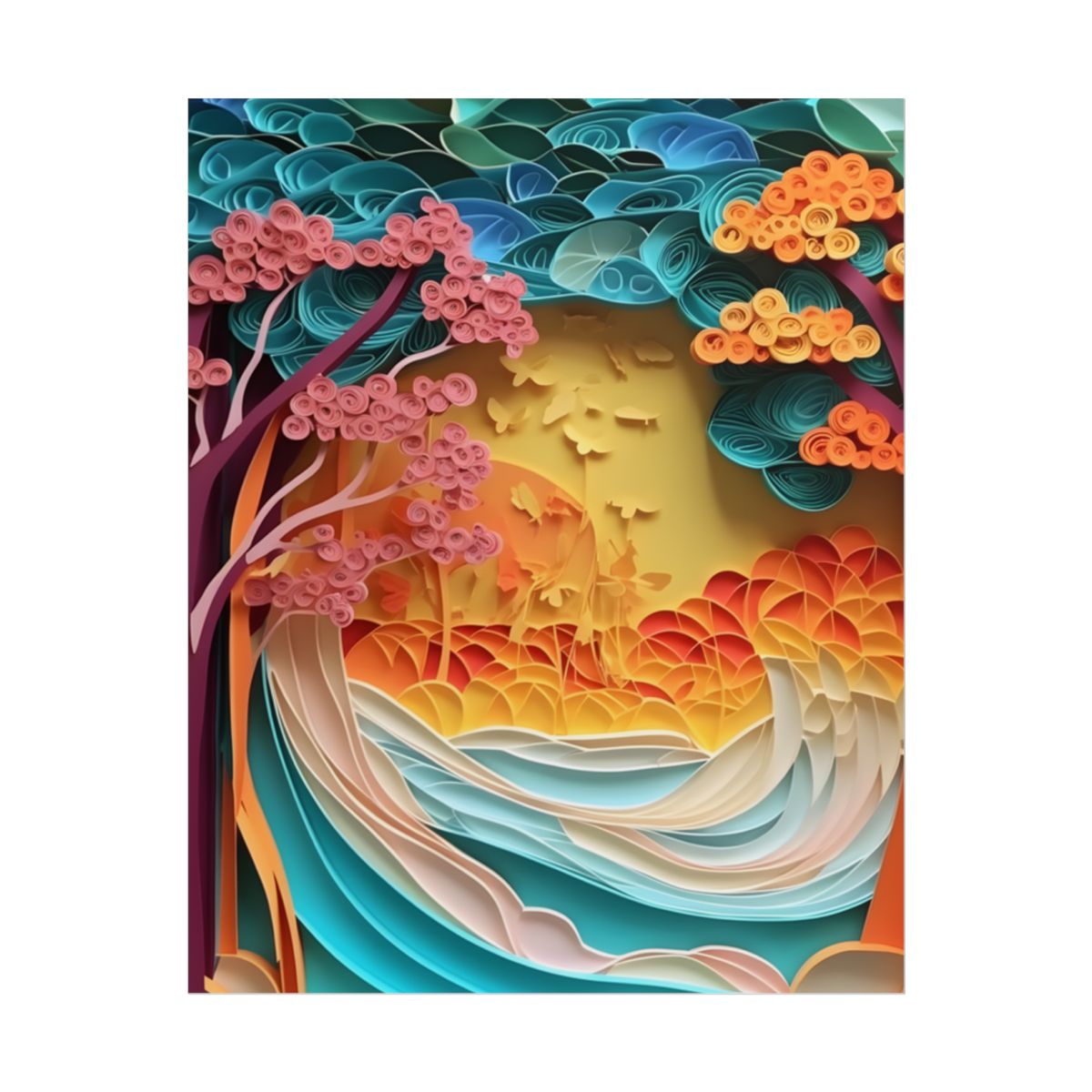 Peaceful Beach Landscape with Paper Quilling: Artistic Photography - Poster