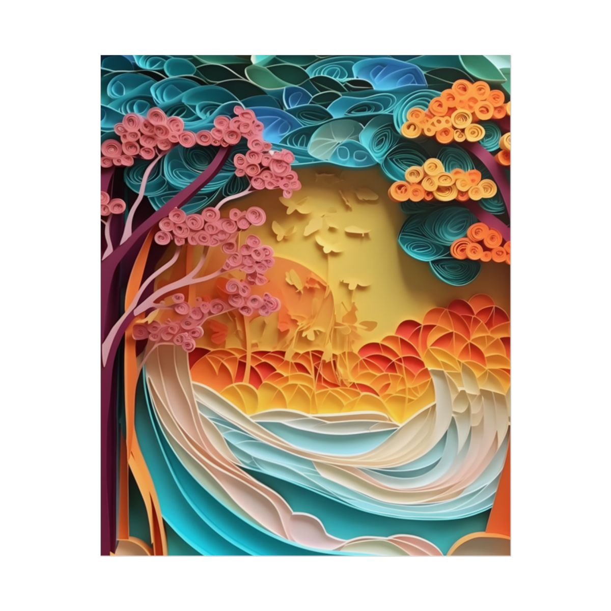 Peaceful Beach Landscape with Paper Quilling: Artistic Photography - Poster