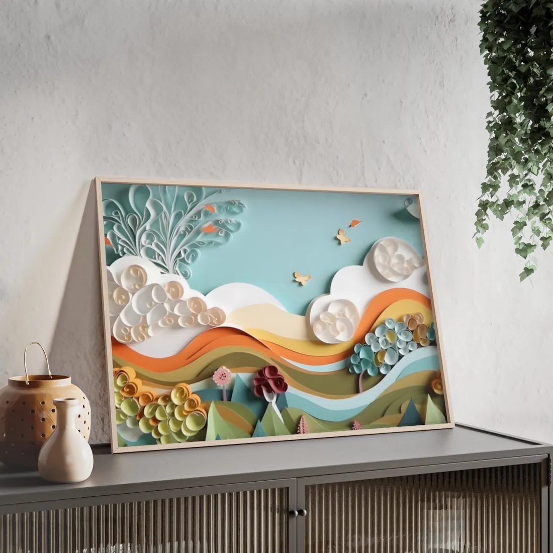 Peaceful Beach Serenade: Paper Quilling Art - Framed Poster