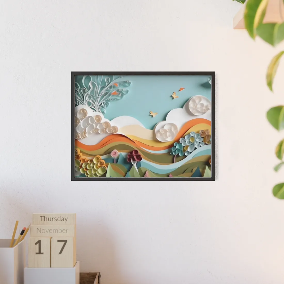 Peaceful Beach Serenade: Paper Quilling Art - Framed Poster