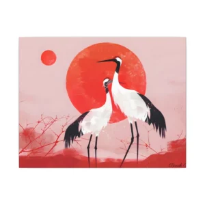Cranes Before Red Sun Canvas Print