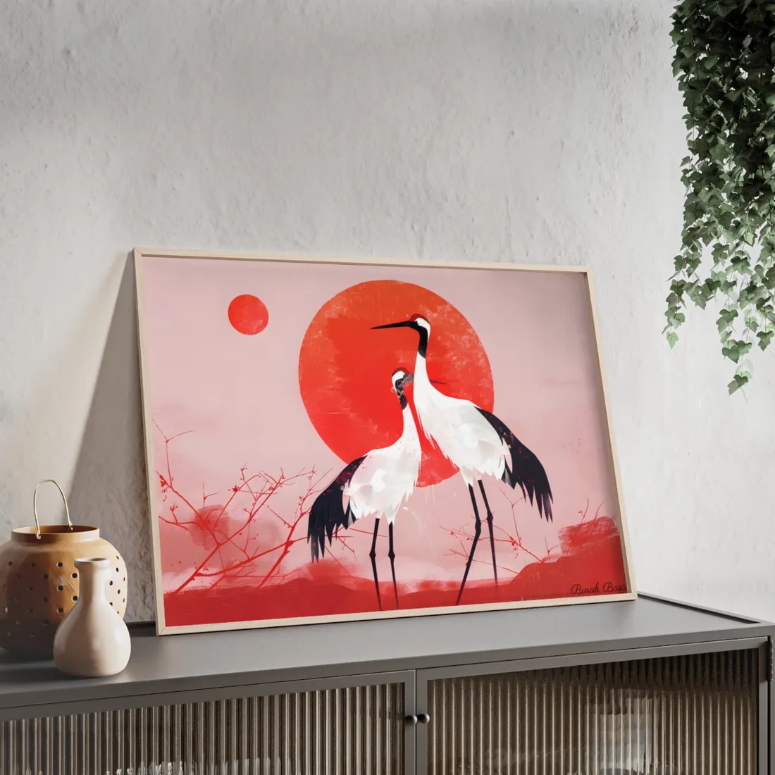 Peaceful Crane Sanctuary: Serene Landscape Nature Art - Framed Poster