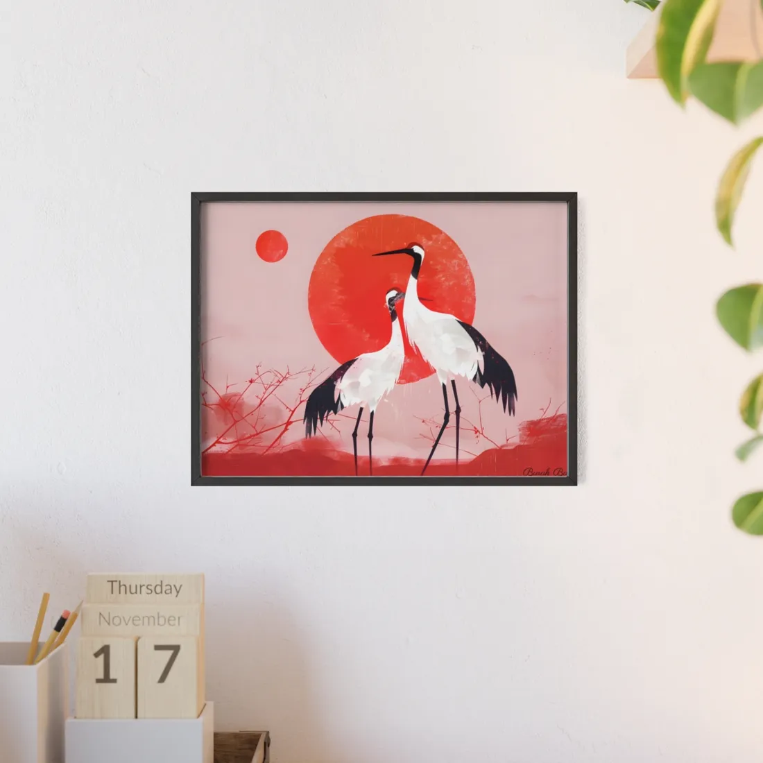 Peaceful Crane Sanctuary: Serene Landscape Nature Art - Framed Poster