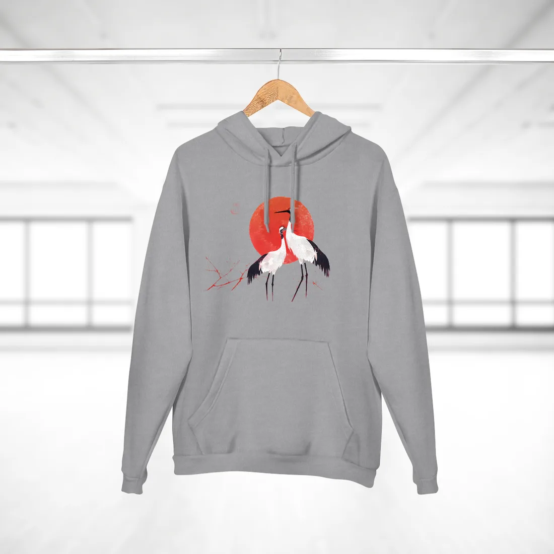 Peaceful Crane Sanctuary: Serene Landscape Nature Art - Hoodie (Heather Grey)