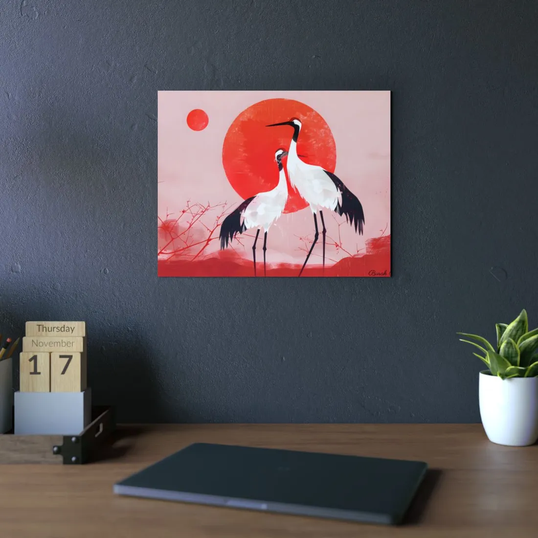 Peaceful Crane Sanctuary: Serene Landscape Nature Art - Metal Poster