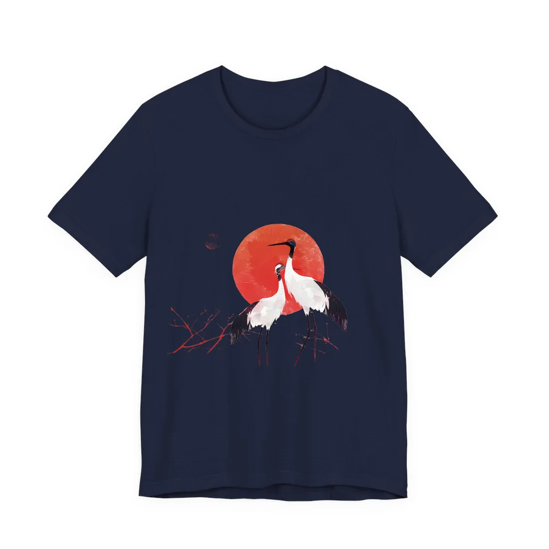Peaceful Crane Sanctuary: Serene Landscape Nature Art - T-Shirt (Navy)