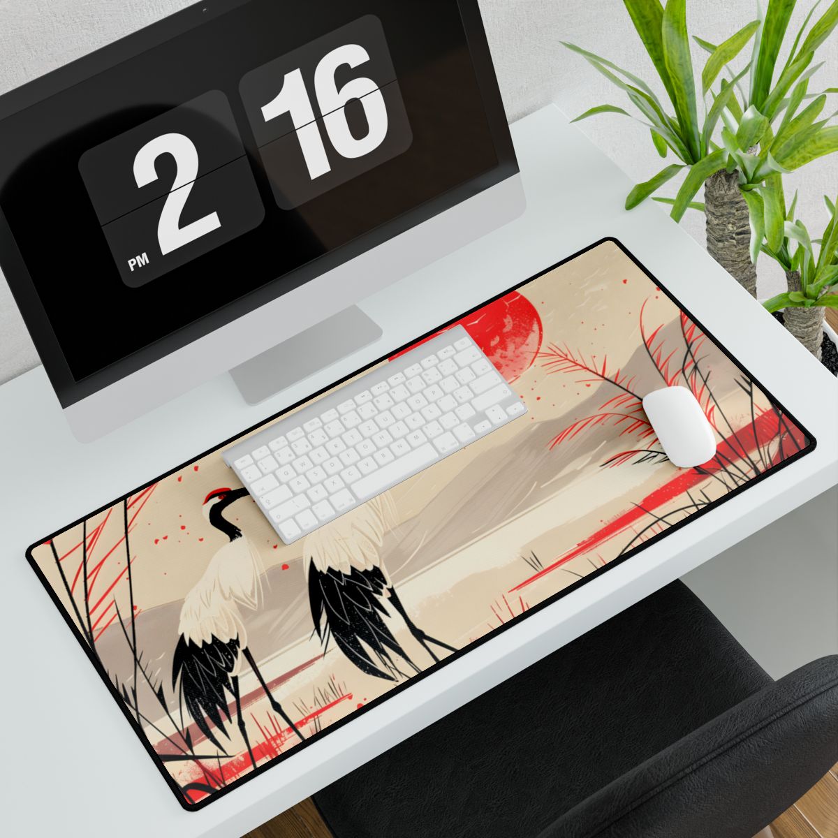 Peaceful Cranes in Serene Nature: Landscape Artwork - Desk Mat