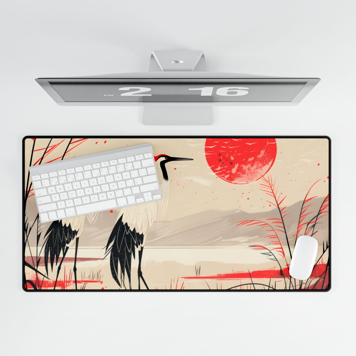 Peaceful Cranes in Serene Nature: Landscape Artwork - Desk Mat