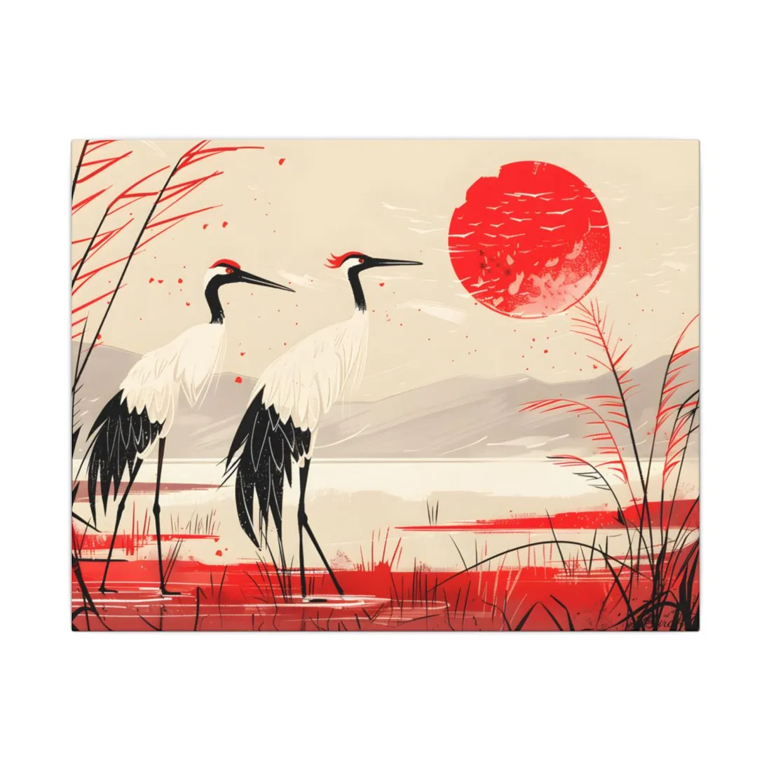 Peaceful Cranes in Serene Nature: Landscape - Canvas