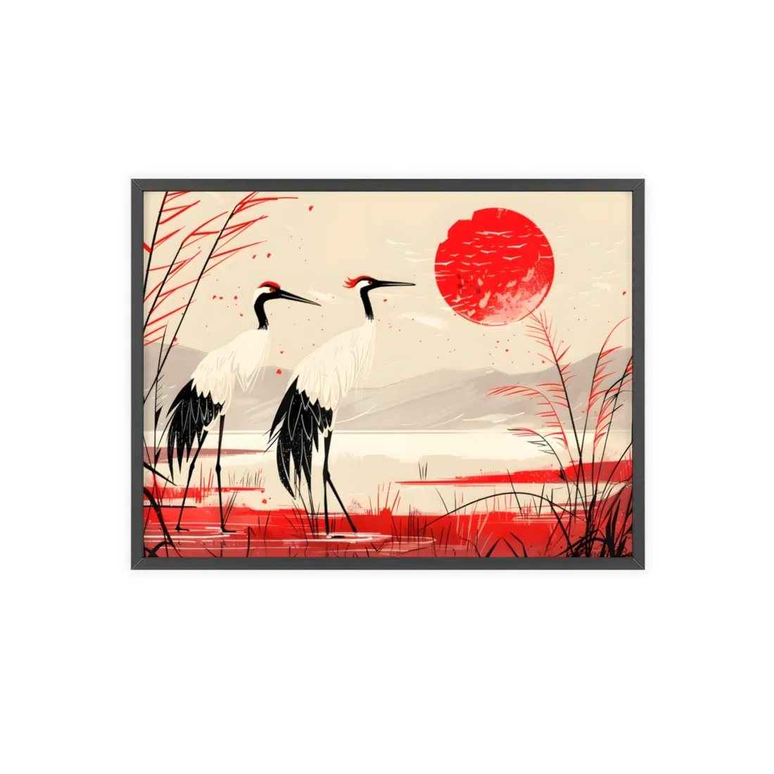 Peaceful Cranes in Serene Nature: Landscape - Framed Poster