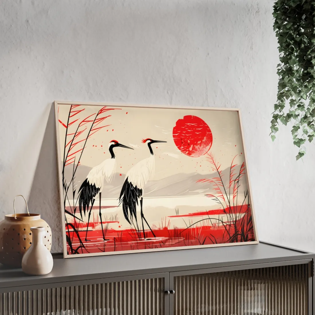 Peaceful Cranes in Serene Nature: Landscape - Framed Poster
